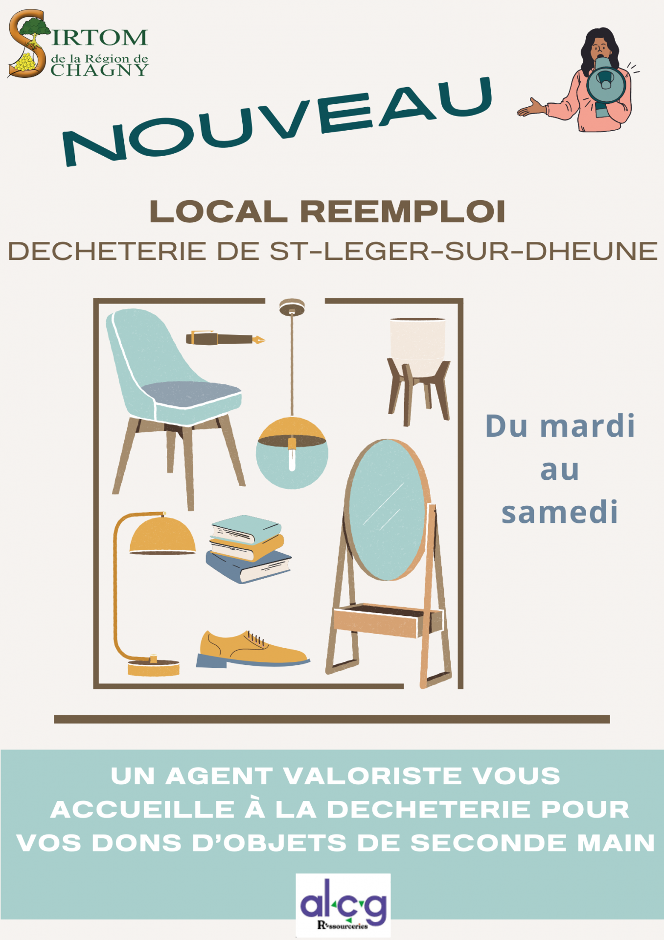 affiche local réemploi déchèterie St Léger sur Dheune - Objets seconde main.